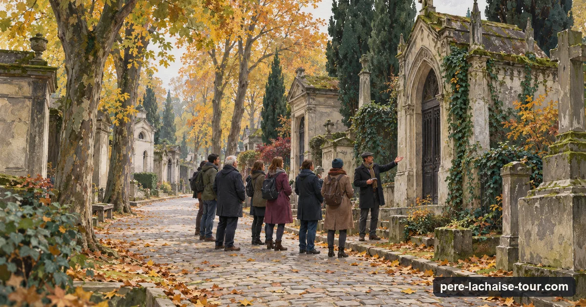 A small group with a guide walking between old tombs on a cobbled avenue at Père Lachaise