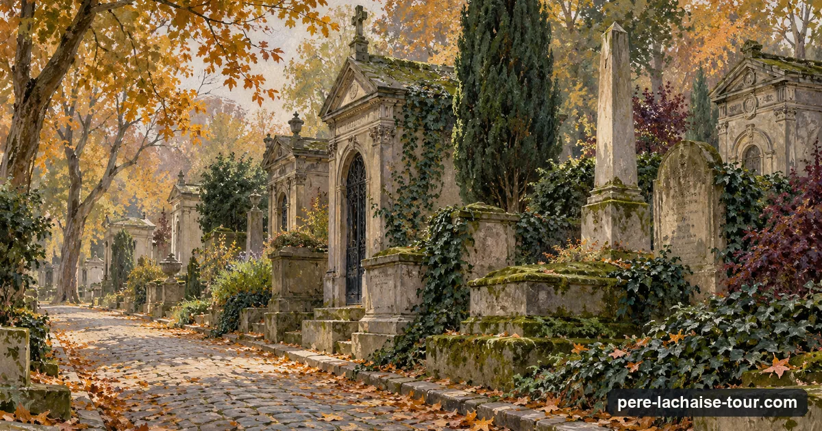Moss-covered 19th-century chapel tombs along a quiet avenue at Père Lachaise