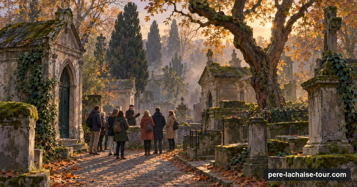 A small group listening to a guide beside moss-covered chapel tombs at Père Lachaise in late-afternoon autumn light