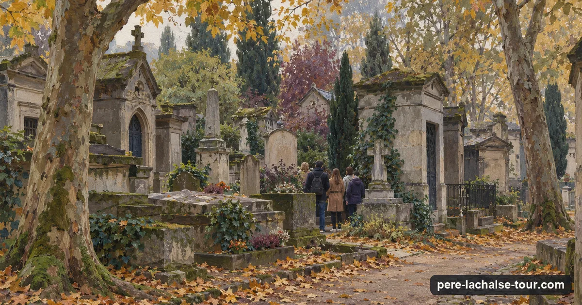 Visitors standing quietly among old tombs and trees in division 6 of Père Lachaise