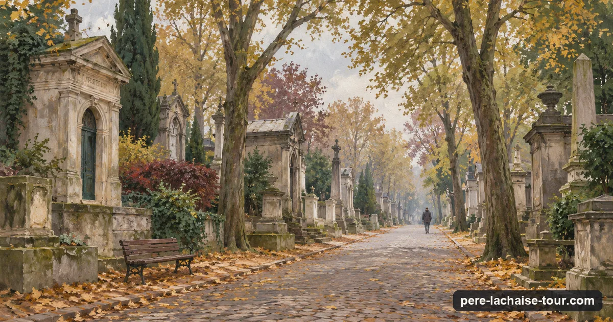 An avenue of old tombs and tall trees near the top of the hill at Père Lachaise in soft autumn light