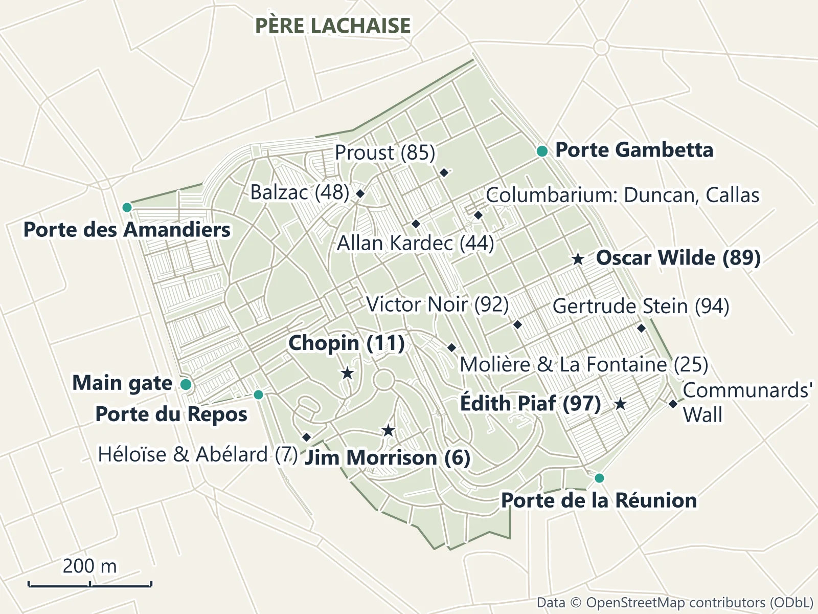 Map of Père Lachaise Cemetery marking the graves of Jim Morrison, Oscar Wilde, Chopin, Édith Piaf, Molière and others, with the five gates