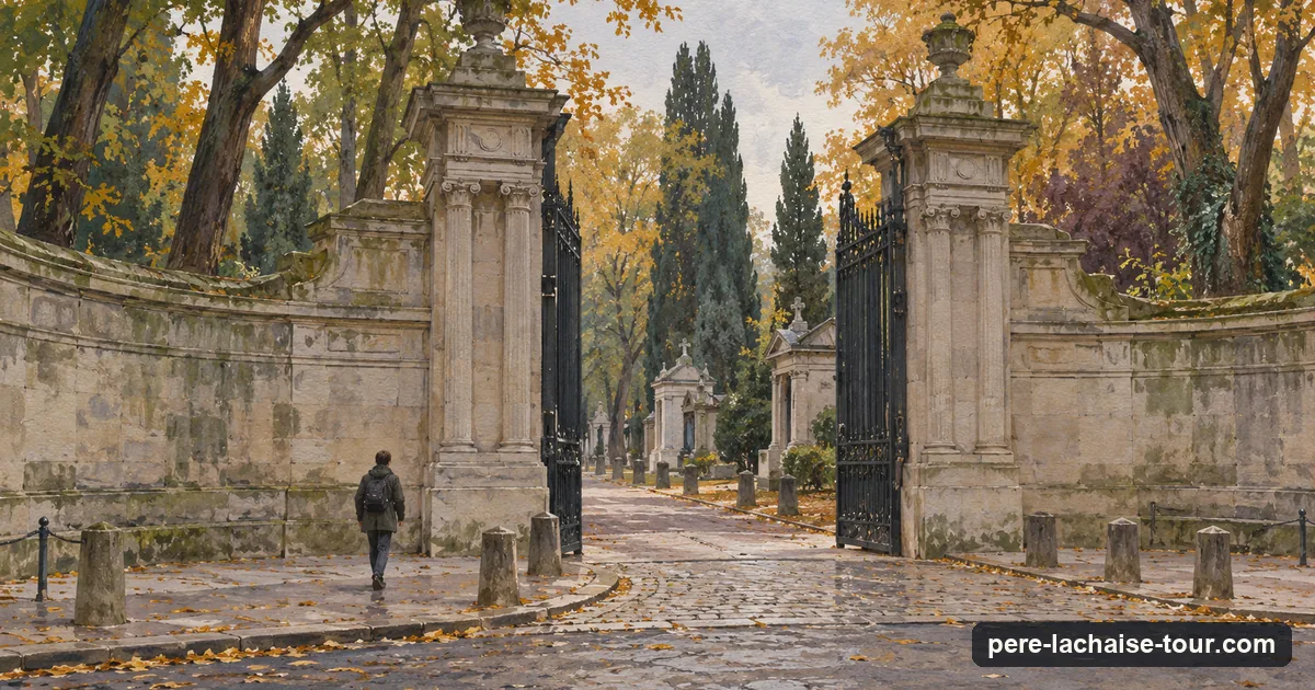 The main gate of Père Lachaise Cemetery on Boulevard de Ménilmontant on a quiet morning